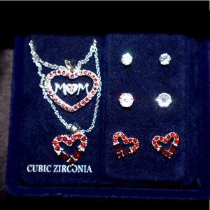 Heart Mom Pendant Necklace/Earrings CZ